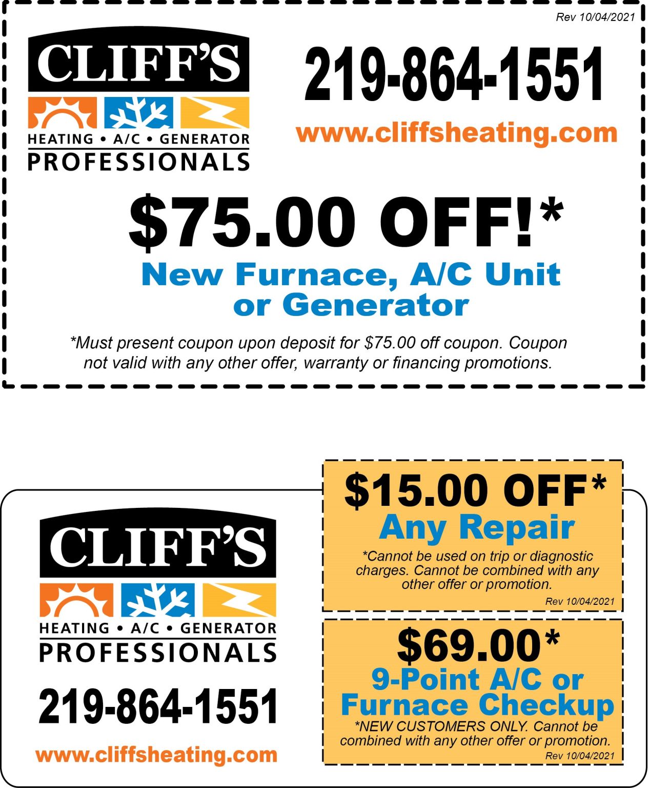 Coupons Cliff's Heating, A/C & Generator Professionals